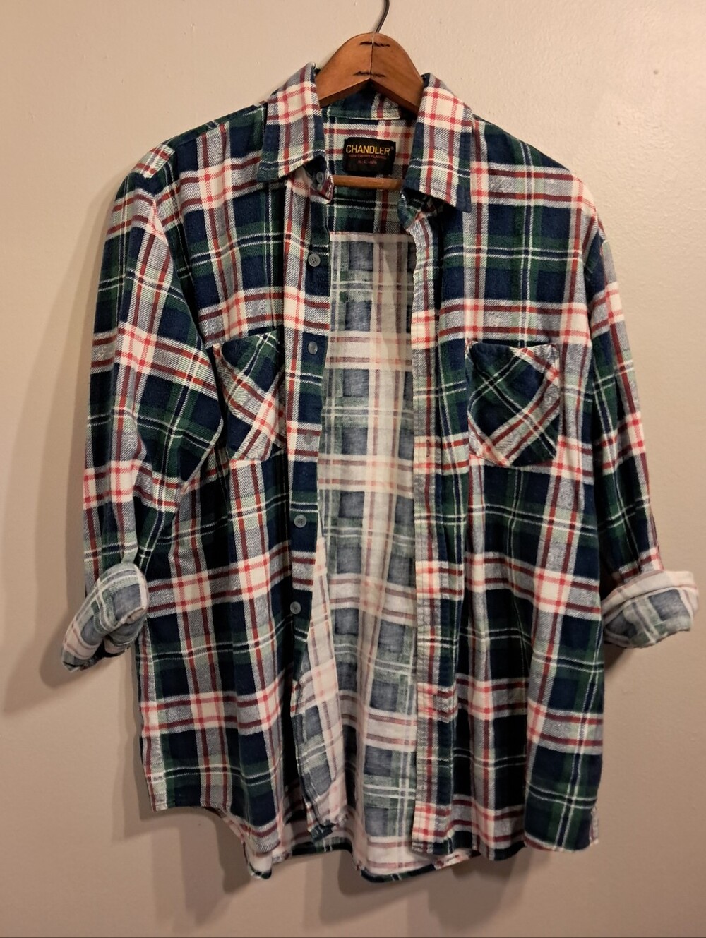 Men's Vintage Green Blue Plaid Cotton Flannel Shirt